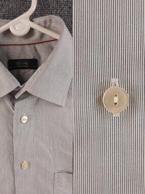 Eton Men 16.5 Cotton Striped Gray Button Up Convertible Cuff Long Sleeve Elegant
